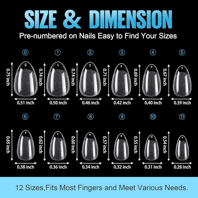 TOMICCA Short Almond Nail Tips,192Pcs Short Nail Tips Fake Nails Acrylic Nail Set, 12Sizes Gel Clear Nails for Nail Extension Home DIY Nail Salon