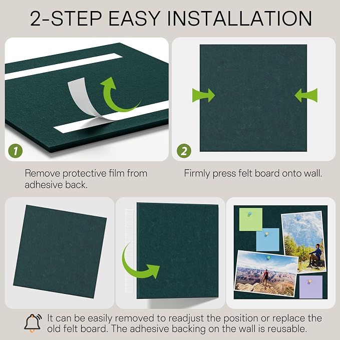 MaxGear Felt Bulletin Board 48" x 36", Dark Green Felt Wall Tile Wall Decor | Modern Cork Board For Office Alternative, 12 Pack 11.8" x 11.8" Wall Panels With Push Pins, Vision Board Office & Home Decor