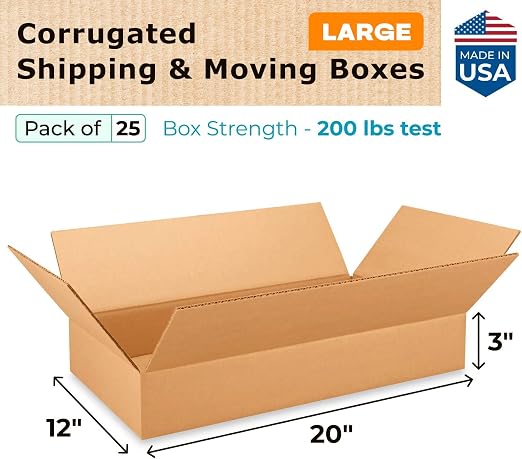 Large Shipping & Moving Boxes 20"L x 12"W x 3"H (25-Pack) - Extra Strength 200 lb vs Regular - Corrugated Packing Boxes for Moving - Heavy-Duty Shipping Box Large by IDL Packaging | Extra Strength 200 lb vs Regular - Corrugated Packing Boxes for Moving...