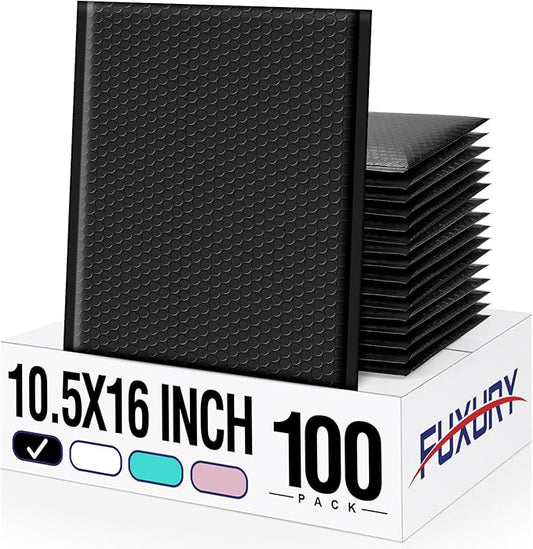 Fuxury 100 Pack Bubble Mailers 10.5x16 Inch, Self Seal Padded Envelopes Waterproof Mailing Envelopes, Padded Mailers, Shipping Bags for Packaging, Small Business Large #5, Black