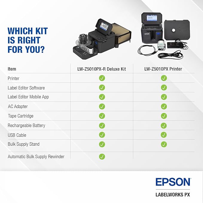 LABELWORKS Epson LW-Z5010PX-R Industrial Label Maker - Complete Printer Kit with Accessories and Automatic Bulk Tape Rewinder, PX 147' Bulk Label Rolls, Desktop Printer
