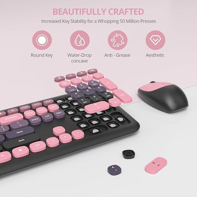 Surmen Black Pink Keyboard and Mouse Wireless Quiet, Full-Size Girly Slient Keyboard Retro Typewriter Low-Noise 2.4GHz for Computer, Desktop, Laptop (110-Heimei Pink)