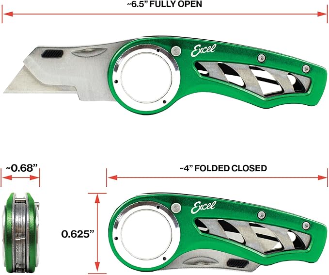 Excel Blades Revo Folding Utility Knife – Heavy-Duty Box Cutter with Aluminum Body, Quick-Change #92 Blades, 3 Lock Positions Design, Anti-Slip Finger Loop Grip, Holster Included – Green