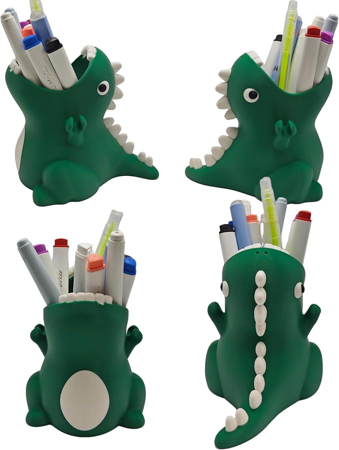 TIME&TRAVE Cute Dinosaur Pen Holder for Desk, 3D Printed Creative Pencil Holder Desk Organizers, Office Supplies Decorations Idea Gift for Women Kids (Green)