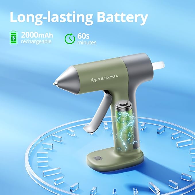Tilswall 4V Glue Gun, Hot Glue Gun Cordless with Rapid 30s Preheat, 2000mAh Type-C Rechargeable, and 20 Glue Sticks, Anti-drip Nozzle, Auto Shut-Off, Ideal for Crafting - Green