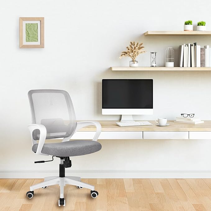 NEO Chair Office Desk Ergonomic Mesh Computer Chair with Lumbar Support Adjustable Height Swivel Rolling Wheels Comfy Mid Back Task Chair for Home Bedroom Vanity Study (Grey)