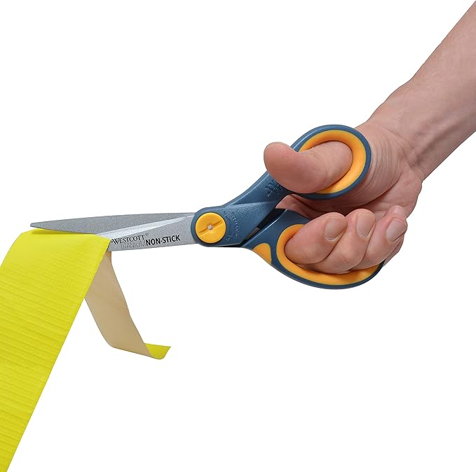 Westcott 8-Inch Non-Stick Titanium Scissors For Office and Home - Glide Adjust Technology - Grey/Yellow Craft, Fabric Scissors - 1 Pack