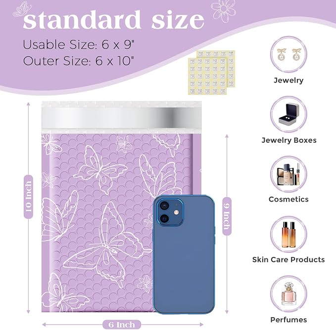 Metronic Bubble Mailers 6x10 Inch 50 Pack Purple Butterfly Padded Mailers | Usable Size 6x9 Waterproof Padded Envelopes for Small Business Self Seal Bubble Envelopes, Gifts Packaging, Shipping Supplies