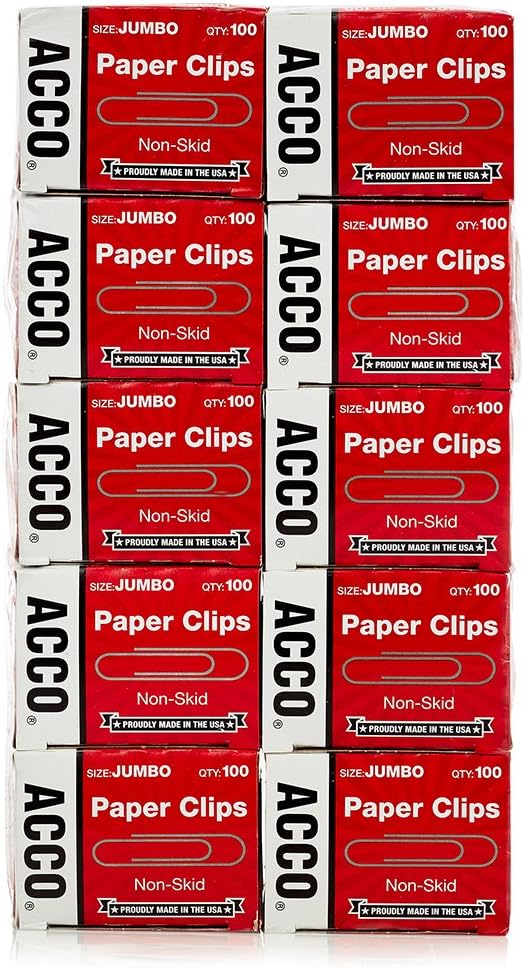 ACCO Paper Clips, Jumbo, Non-skid, Economy, 20 Boxes, 100/Box (A7072553)