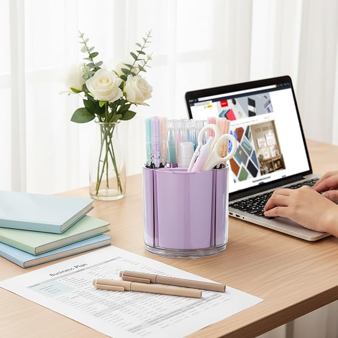 Comix 360° Rotating Pen Holder for Desk, Pencil Holder with 5 Slots, Cute Purple Plastic Desk Organizer for Home School Office Supplies