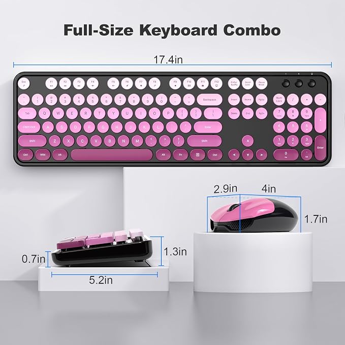 MOFII Wireless Keyboard and Mouse Combo, 2.4GHz Retro Typewriter Keyboard Full Size, Cute Wireless Mice, USB Dongle Plug and Play, for Laptop, PC, Desktop, Windows (Black Pink Gradient Color)