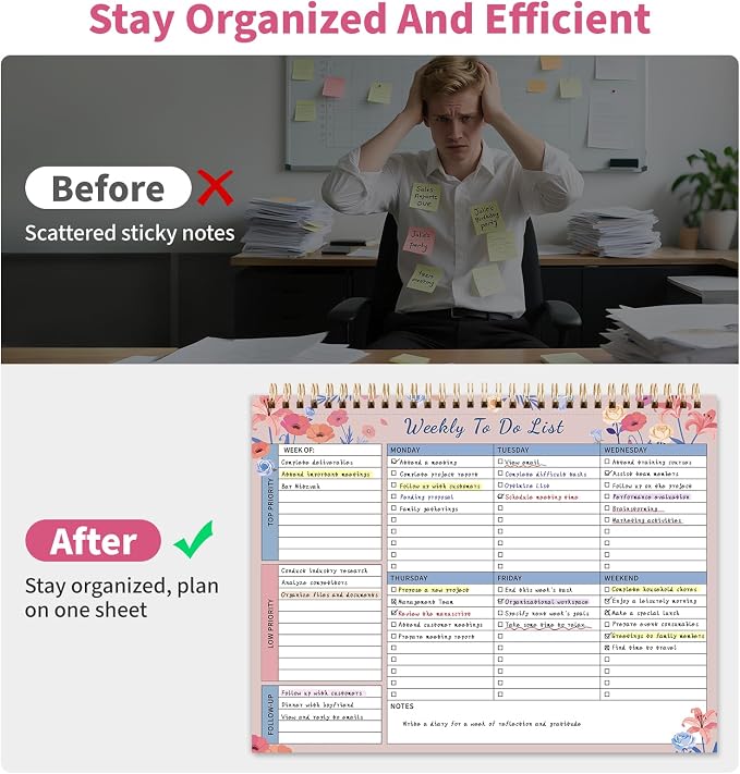 104 Pgs Weekly To Do List Notepad 52 Duplex-Printed Undated Sheets 100 GSM | （8.5"×11") Weekly Desk Planner For Work Home School Office Desk Accessories Supplies & Goal Setting Tasks -Pink Floral