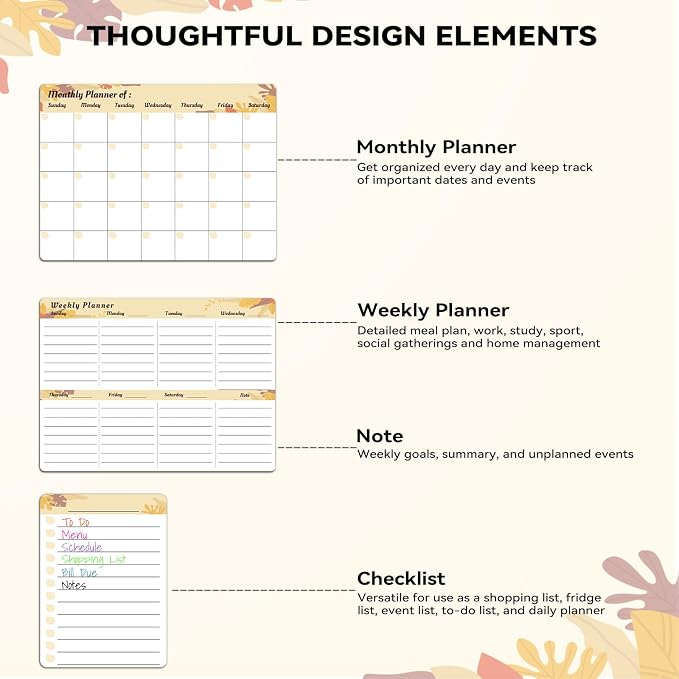 Dry Erase Magnetic Calendar for Refrigerator (3 Pack) - Monthly & Weekly & Daily Planner Magnet Whiteboard for Fridge - Shopping, to Do List, Meal/Menu, Planning Board, 14"x11", Yellow