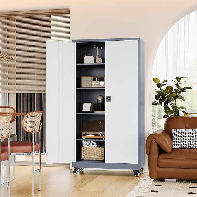 Fesbos Metal Rolling Storage Cabinet-74.6” Tall Steel File Cabinets with Wheels Lockable Doors and Adjustable Shelves-Gray & White Steel Storage Cabinet for Home, School, Office, Garage