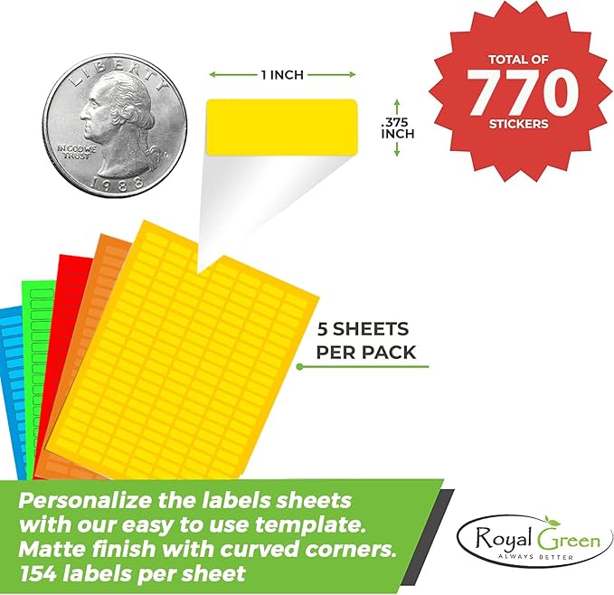 Small Matte Printing Labels for Printer Laser/Inkjet 1 inch x 0.375 inch Neon Sticker Sheets with Template Included - 770 Pack