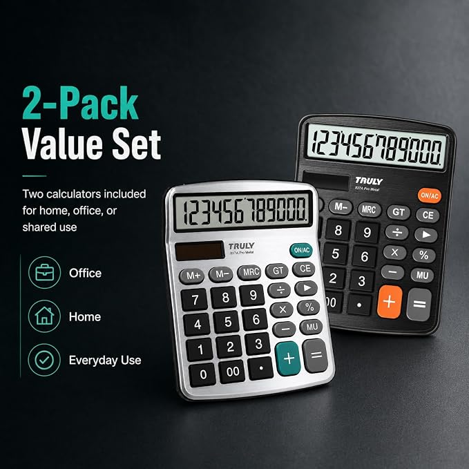 TRULY 12-Digit Desktop Calculator with Large Display, Big Buttons, Dual Power (Solar + Battery), Metal Finish, Ideal for Office, Home, School – 837A Pro Metal 2 Pack Black/Silver