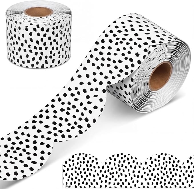 Zonon 65 Feet Bulletin Board Borders Black and White Polka Dots Striped Grid Borders Decorative Straight Scalloped Wavy Rolled Trim Classroom Back to School Decor(Black and Dot)