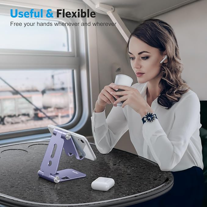OMOTON Foldable Cell Phone Stand, C4 Portable Aluminum Phone Holder | Adjustable Phone Dock Cradle Compatible with iPhone 17/16/15 Pro Max Air, Samsung Galaxy, Small Tablets, Smart Phones, Purple