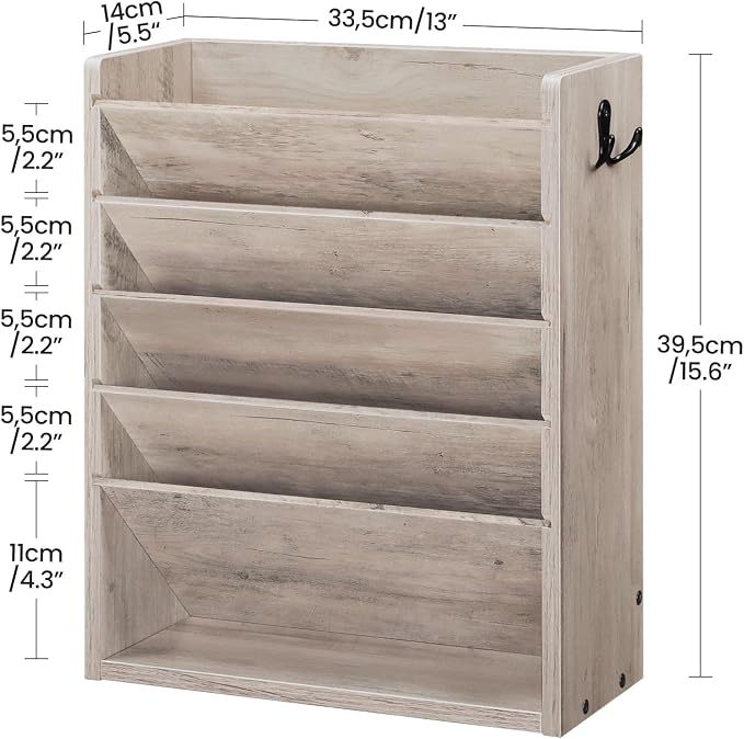 Wall File Organizer, 6-Tier Vertical Mount Hanging Holder with 2 Side Hooks, Modern Wooden Magazine Storage Holder with Bottom Tray, Desk Organizer, for Office, Home, Greige MWJ01FH