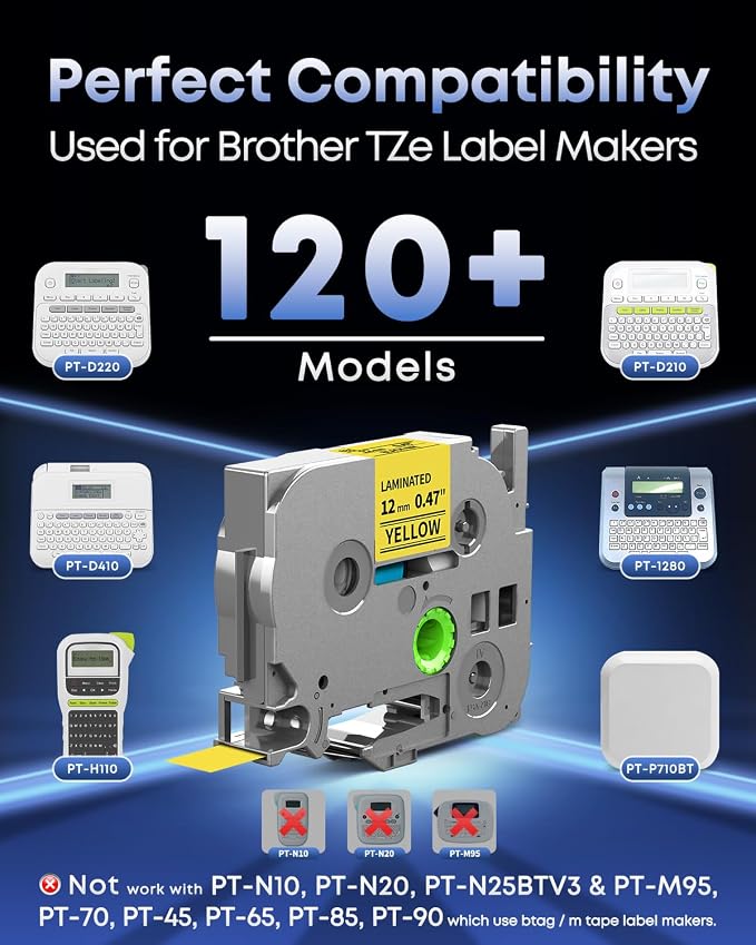 TZe TZ Tape 12mm 0.47 Laminated Yellow TZe-631 Replace for Brother TZE631 | Black on Yellow Label Maker Tape 1/2" P-touch Tape for Brother Ptouch PT-D220 D210 H110 D200 D400 1280 D610BT Refills, 5-Pack