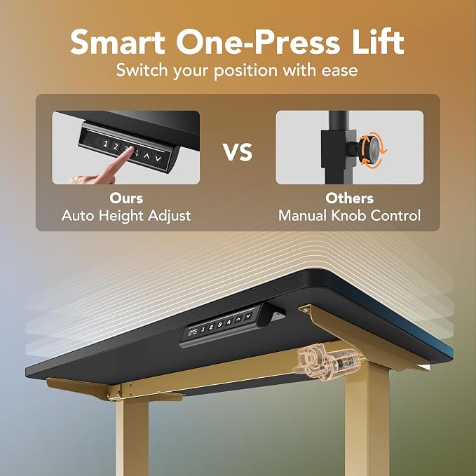 HUANUO 32" Small Electric Standing Desk Adjustable Height, 4 Memory Height Settings, Sit Stand Up Desk for Home Office & Computer Workstation, Black and Gold Frame | 176 Lbs Capacity, Rounded Corners, Wheel-Ready Feet, Compact Desktop, Apartment Worksp...