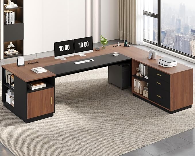 78.7" L Shaped Executive Desk with Lateral File Cabinet, Extra Large Office Desk with Drawers & Power Outlets, Modern Corner Computer Desk with Storage Shelves, Business Furniture, Walnut