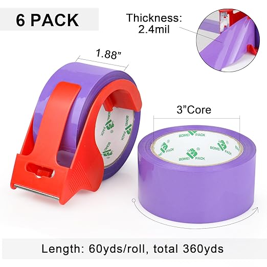 BOMEI PACK Purple Packing Tape with Dispenser, 2.4 Mil 1.88 Inch x 60 Yards, 6 Refills Rolls Color Box Tape for Moving, Shipping and Packaging