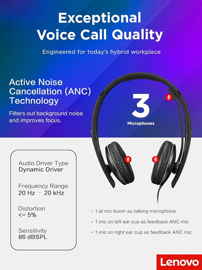 Lenovo Wired ANC Headset Gen 2 (Teams) with Active Noise Cancellation, EPOS BrainAdapt & ActiveGard Tech, Lightweight, USB-C, Plug-and-Play, Zoom Certified, Customizable, Hearing Protection | Includes USB-A converter, travel pouch and 2 year warranty f...