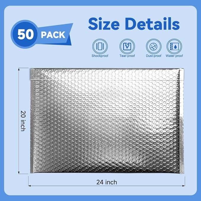 Koja Insulated 50-Pack Thermal Metallic Foil Padded Bubble Mailers 20 X 24 Inches Waterproof Metallic Envelopes Cold Shipping Bags for Frozen Food, Ice Pack Delivery, Perishable Items - Thick 180 GPS.