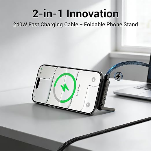 2-in-1 Invisible Stand Fast Charging Cable 65W USB-A Braided Fast Charging Cable Built-in Phone Stand 2 in 1 Phone Holder Cable for Suitable for Gaming Office and Travel Black 2Pack