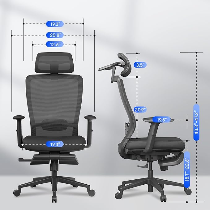 FLEXISPOT Ergonomic Office Chair with Footrest, Mesh High Back Computer Chair, Home Office Desk Chairs, with Adjustable Lumbar Support/4D Headrest/Reliable Base, Elastic Foam Seat, Black, OC3 Cloud-F