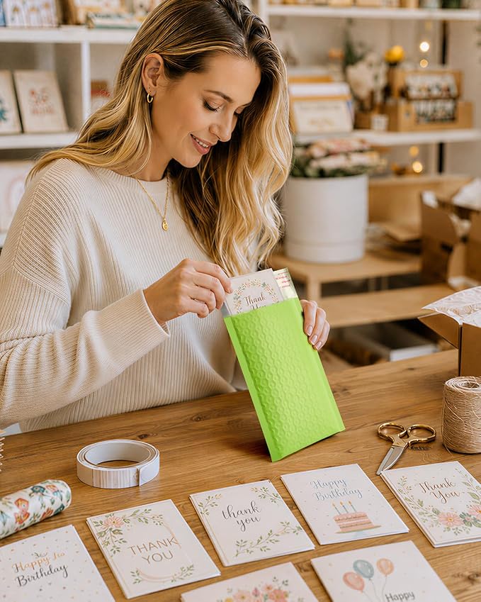 GSSUSA Green Bubble Mailers 4x8 100 Pack, Self Seal Padded Envelopes | Usable Size 4x7, Waterproof, Opaque, #000, Bulk Mailing Bags For Cards, Jewelry, Gifts, Accessories, Online Sellers