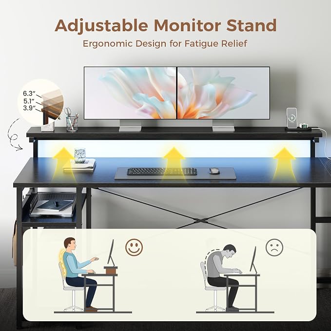AODK 61 Inch L Shaped Computer Desk with 4 Drawers, LED Lights, Black | Power Outlets, Adjustable Monitor Stand, Open Storage Shelves, Reversible Layout for Gaming and Home Office