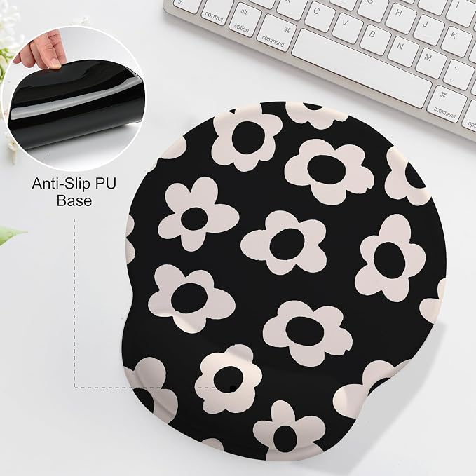 Cute White Flowers Mouse Pad with Gel Wrist Support, Smooth Surface Ergonomic Mouse pad, Non-Slip Pain Relief Desk Mat for Gaming, Work & Office Desktop