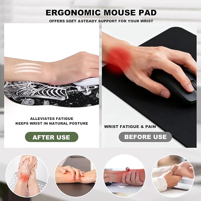 Skeleton Lover Mouse Pad with Gel Wrist Support, Smooth Surface Ergonomic Mouse pad, Non-Slip Pain Relief Desk Mat for Gaming, Work & Office Desktop