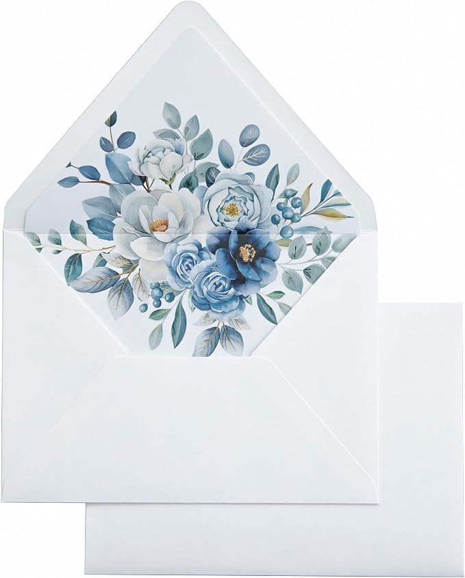 PONATIA 50PCS A7 Euro Flap Envelopes, 5.25 x 7.25'' Liner Envelope For 5x7'' Weddings Invitation Cards, Christmas Gift Cards, Acrylic Invitations, Photos (White & Dusty Blue)