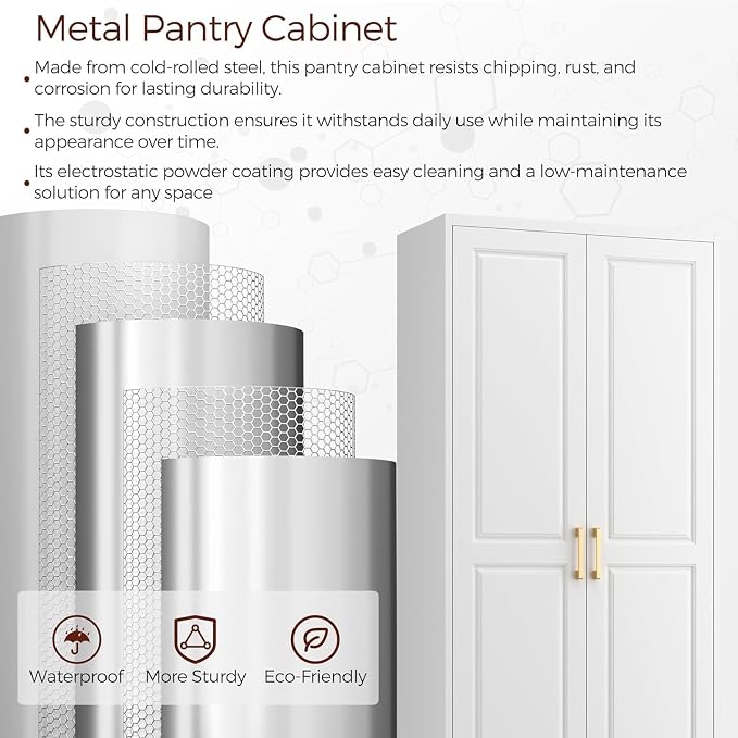 75" Metal Kitchen Pantry Cabinet, Storage Cabinets with 2 Doors | Kitchen Cabinet with 5 Adjustable Shelves, Tall Food Pantry Cabinet, White Cupboard for Kitchen, Dining Room, Living Room