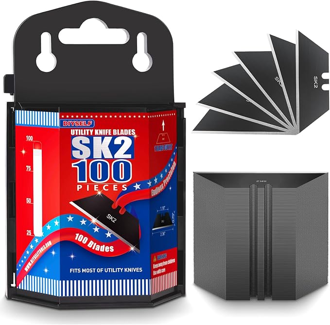 DIYSELF 100 Pack Utility Knife Blade Refills, SK2 Razor Knife Blades, Black | Durable SK2 Steel Box Cutter Blades for Cartons and Leather, Razor Blades for Warehouses, Offices and Home Projects