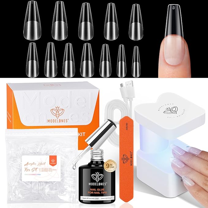 modelones X Nail Gel Kit Kit Long Coffin, 9-in-One Nail Glue with Portable U V Lamp 216Pcs 12Sizes Pre-Etched Press ons Fake Acrylic Extension Kit DIY Salon Gift for Women