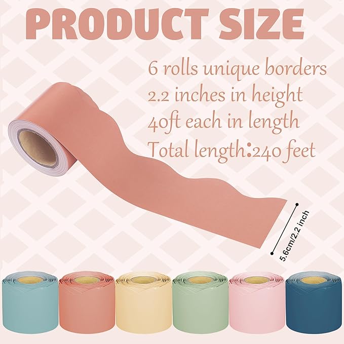 240Ft Boho Bulletin Board Borders Colorful Classroom Border Trim Boho Scalloped Borders Stickers Rolled Boho Bulletin Board Decorations for Classroom School Home Office Chalkboard Decor, 6 Rolls