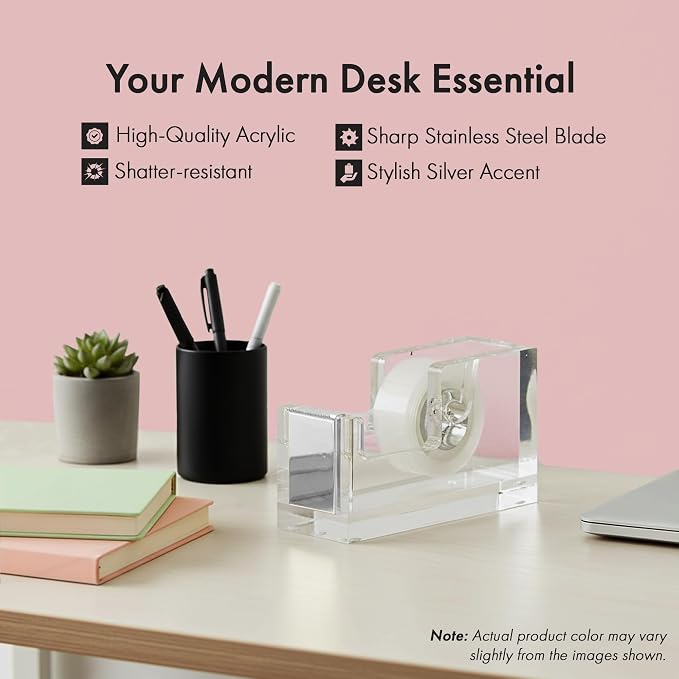 OfficeGoods Acrylic Tape Dispenser, Aesthetic and Compact Design, Silver | Modern desk accessory for office, Heavy duty refillable tape holder for crafting, Stylish desktop accessory for gift wrapping