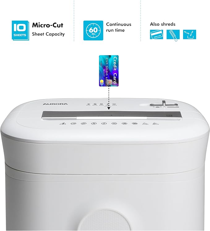 Aurora High-Security 10-Sheet Micro-Cut Paper and Credit Card Shredder with 6 Gallon Pullout Basket / 60 Mins Running Time/Security Level P-5