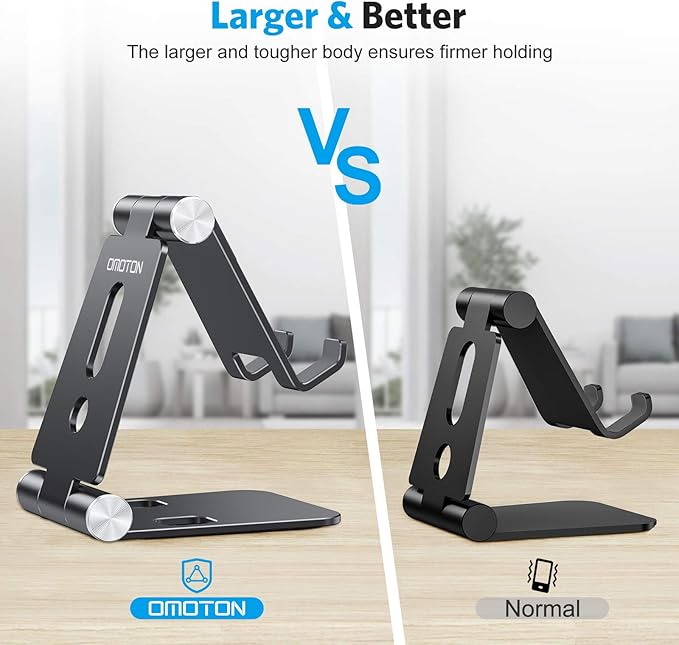 OMOTON Foldable Cell Phone Stand, C4 Portable Aluminum Phone Holder, Adjustable Phone Dock Cradle Compatible with iPhone 17/16/15 Pro Max, Samsung Galaxy, Small Tablets and Other Phones, Black