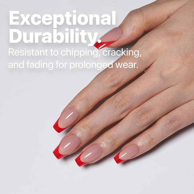SXC Cosmetics French Tip Press On Nails 150 Pieces in 15 Sizes Ultra Fit with Pre-applied Tip Primer and Base Coat, No Need to File Fake Nails for Nail Art DIY X-Pro Tips (5RED119-S Coffin)