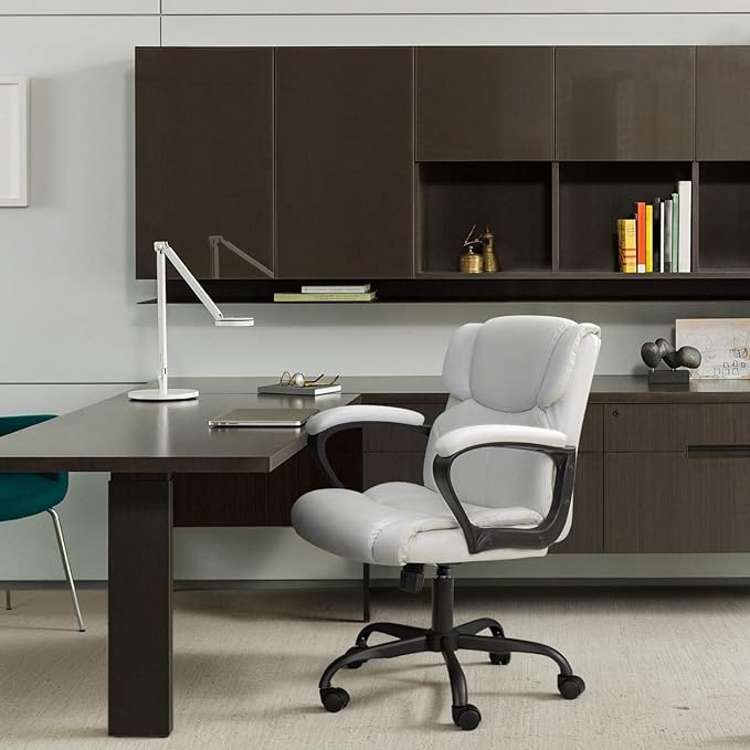 Furmax Mid Back Executive Office Chair Swivel Computer Task Chair with Armrests,Ergonomic Leather-Padded Desk Chair with Lumbar Support(White)