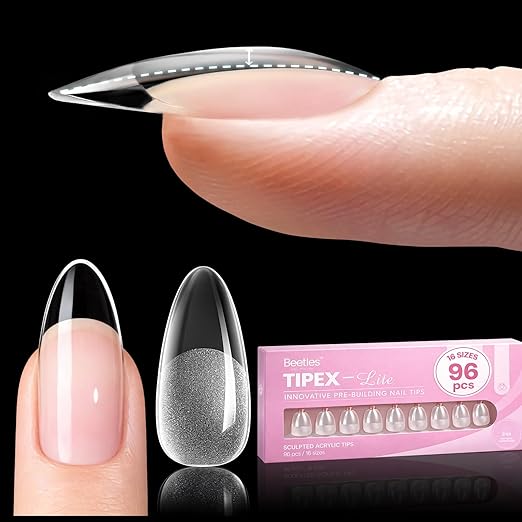 Beetles Tipex Lite Instant Apex Nail Tips, Medium Almond, 16 Sizes | 00–14, Built-in Apex Acrylic Tips for Flat & Natural Nail Beds, Beginner-Friendly Easy DIY Nail Extensions