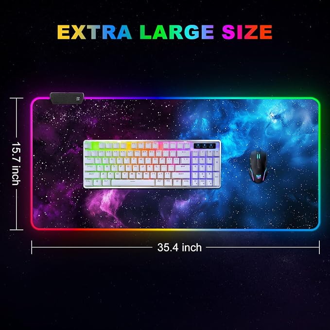 RGB Mouse Pad Led,XXL Large Mouse Pad Purple Blue Starry Nebula, Big Mouse mat Computer Mousepad with 14 Light Modes, 35.4 x15.7 Inch Keyboard Mat