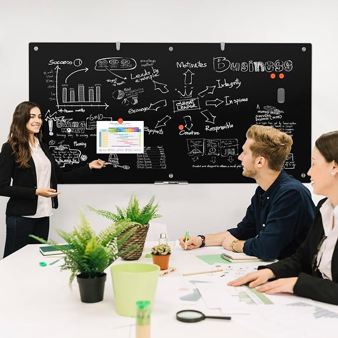 Wingwise Large Black Glass Dry Erase Board, 96 x 48 in Magnetic Blackboard | Frameless design, 8' x 4' dry erase whiteboard, ample writing space, great for corporate offices, classrooms, home