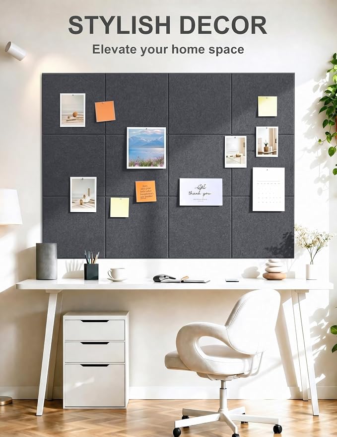 Felt Wall Tiles Bulletin Board Large Cork Board Alternative 6 Pack 11.81”x11.81”x0.47” Felt Pin Board Tack Board with Safe Removable Adhesive Tabs for Home Office School 36x24 (Charcoal Grey)
