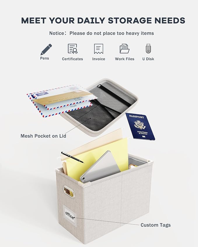 File Organizer With Lid, Hanging Filing Box With Mesh Pocket, Document Organizer for Letter Files, Portable Storage With Smooth Sliding Rail for Office & Home (2 PCS, Beige)